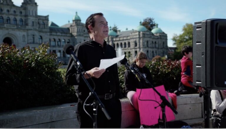 David Chalk speaking in front of parliament buildings