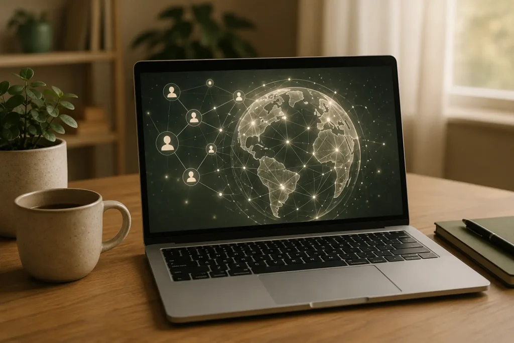 AI Communications around the world happening on a laptop screen