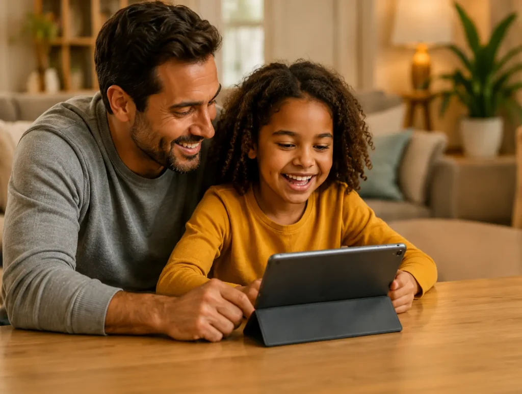 Dad helping his daughter read at the kitchen table