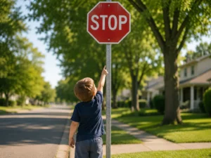 kid stopping to point at stop sign